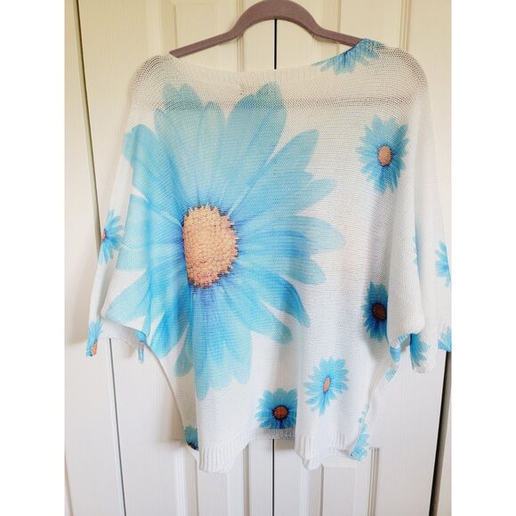 NT By Amati XL Italy SS Sweater Shirt Top Blue Sunflower Boat Neck *Loose Stitch - Picture 4 of 7